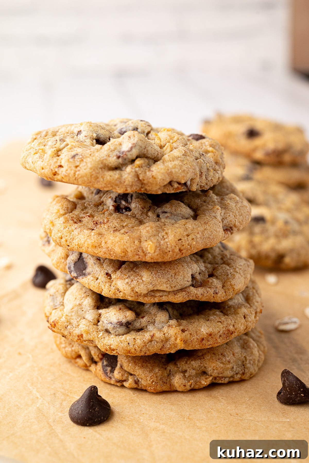 Thick, Chewy Chocolate Chip Cookies Recipe 4 stack of hearty chocolate chip cookies