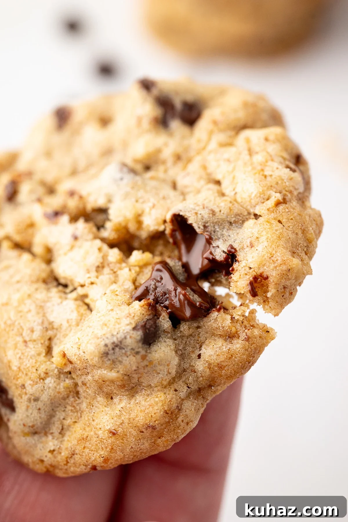 Thick, Chewy Chocolate Chip Cookies Recipe 9 melted chocolate morsel in fresh from oven cookie