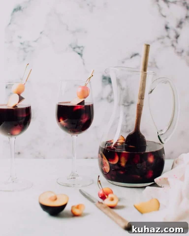 Stone Fruit Sangria Recipe with Peaches and Plums 6 This easy Red Stone Fruit Sangria drink recipe is juicy, sweet, delicious, and an absolute summer favourite. It’s the best alcoholic cocktail drink recipe to serve at a party and will be perfect for a crowd
