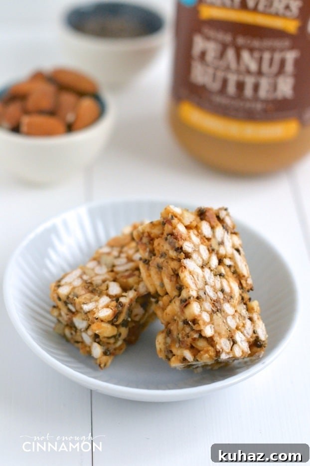 Clean Eating Peanut Butter Rice Krispie Treats 4 close-up of healthy homemade Peanut Butter Rice Crispy Treats on a small white saucer