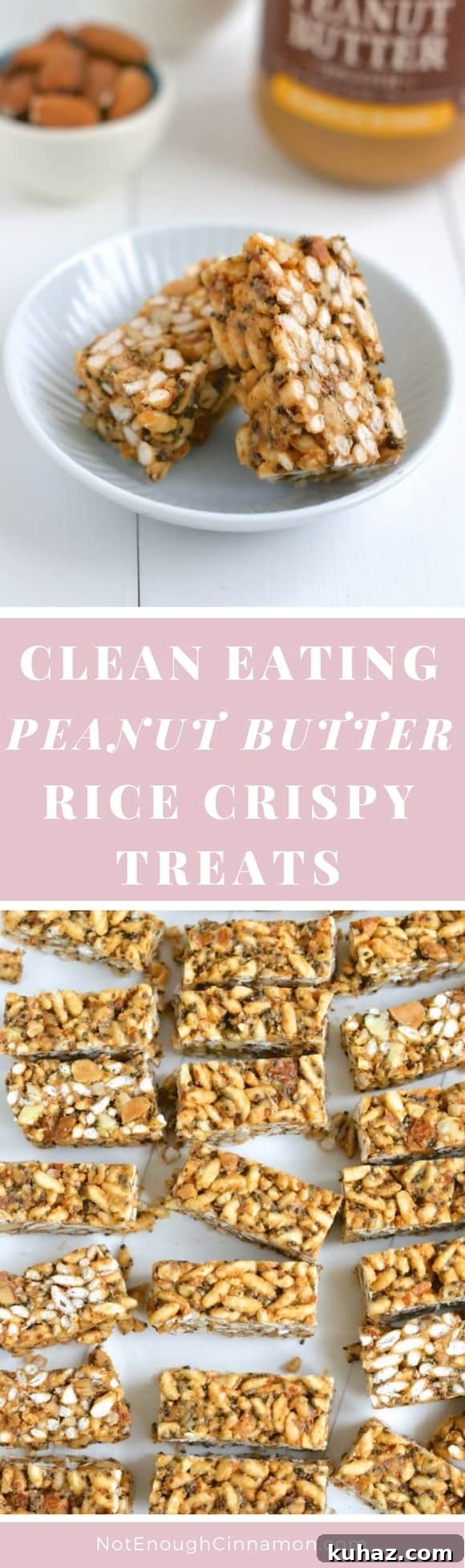 Clean Eating Peanut Butter Rice Krispie Treats 6 Clean Eating Peanut Butter Rice Crispy Treats - a delicious snack that's much better for you than its Krispie Treat cousin. Refined sugar free, gluten free. Find the recipe on NotEnoughCinnamon.com