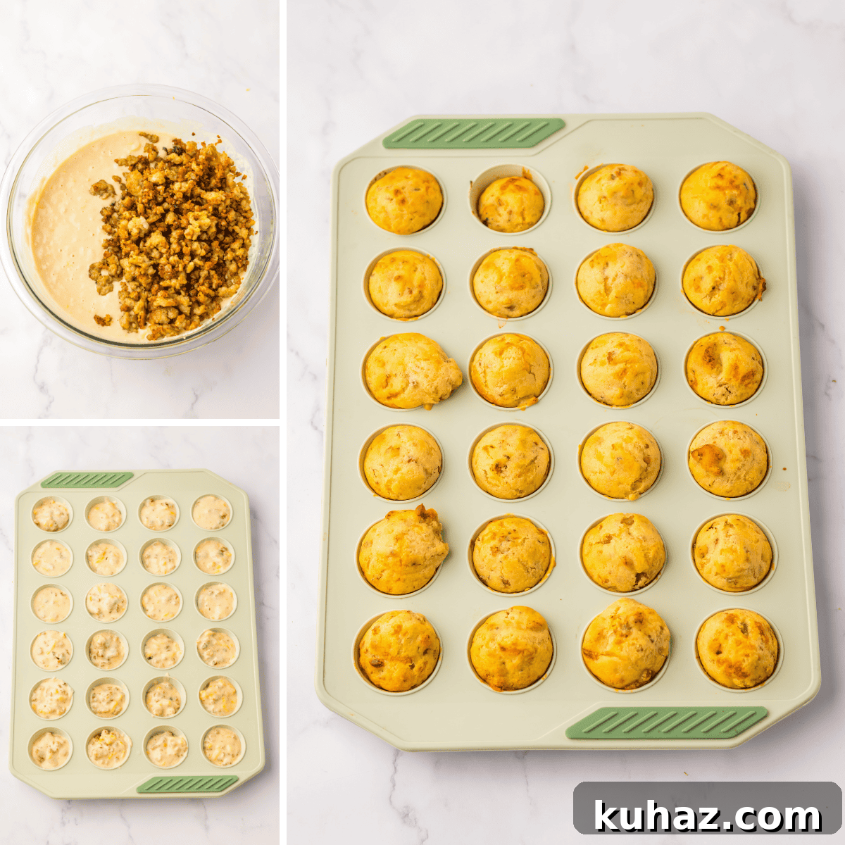 Savory Breakfast Sausage Pancake Muffins 5 A three-image collage illustrating the steps of making sausage pancake muffins. The top left image shows a glass bowl with pancake batter and crumbled sausage. The bottom left image features a mini muffin tin filled with raw batter. The right image showcases the baked muffins, golden and fluffy, in the same muffin tin.