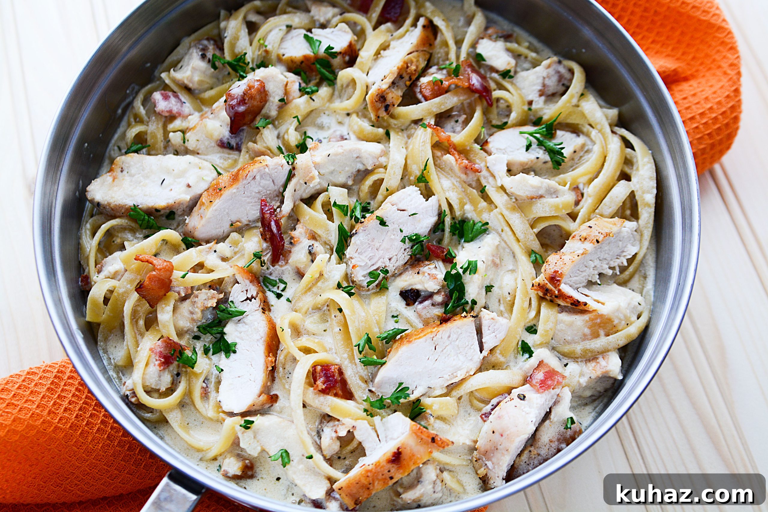 Creamy bacon chicken pasta served hot