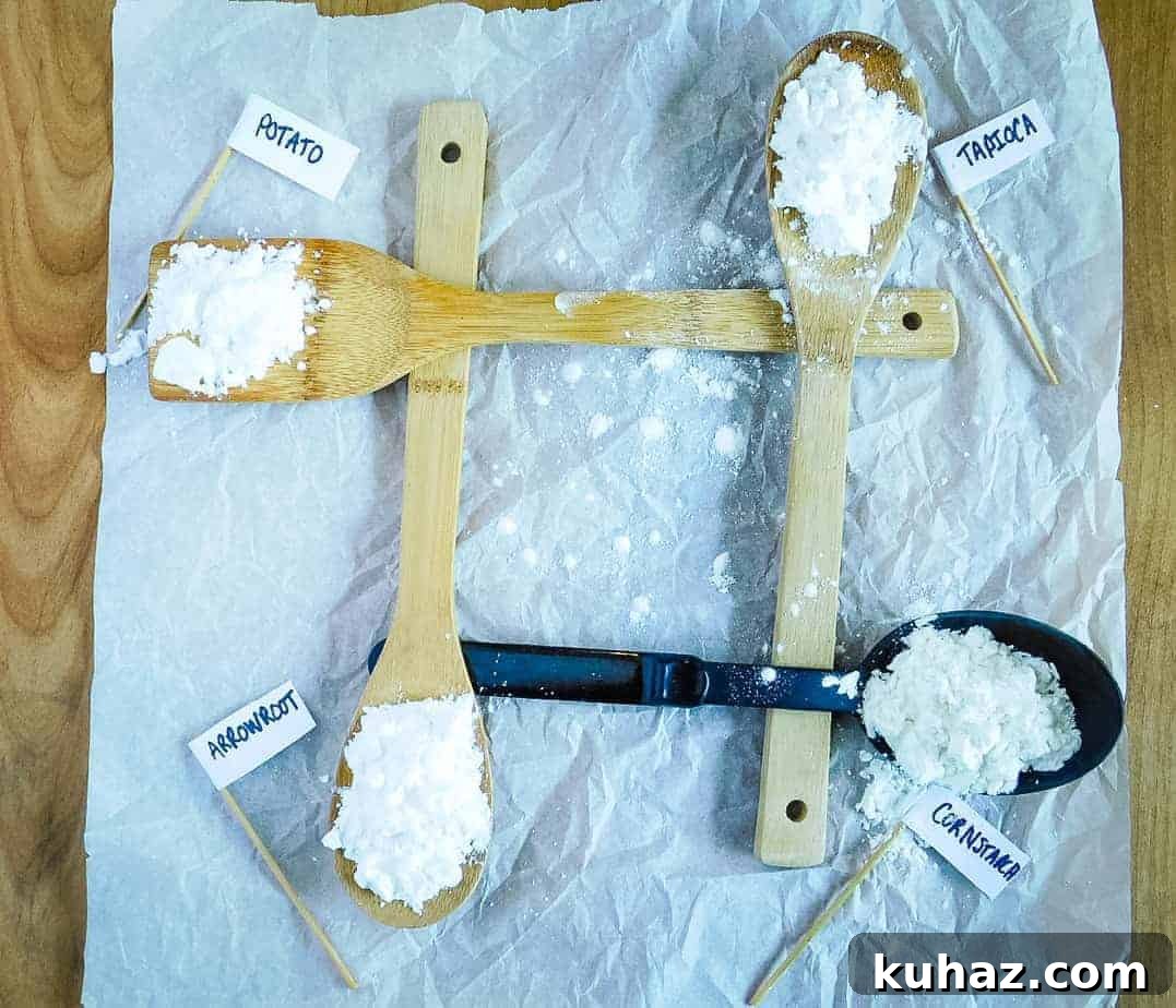 Cornstarch, Tapioca, Arrowroot Compared: Uses and Substitutes 2 Cornstarch vs Tapioca vs Arrowroot vs Potato starch: gluten free starches labeled on spoons.