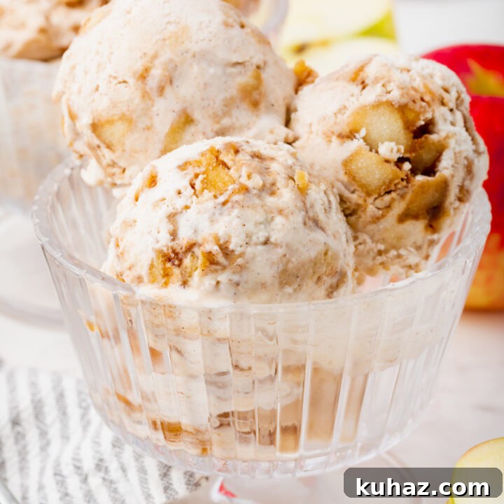 Three scoops of homemade apple pie ice cream in a glass footed ice cream dish.