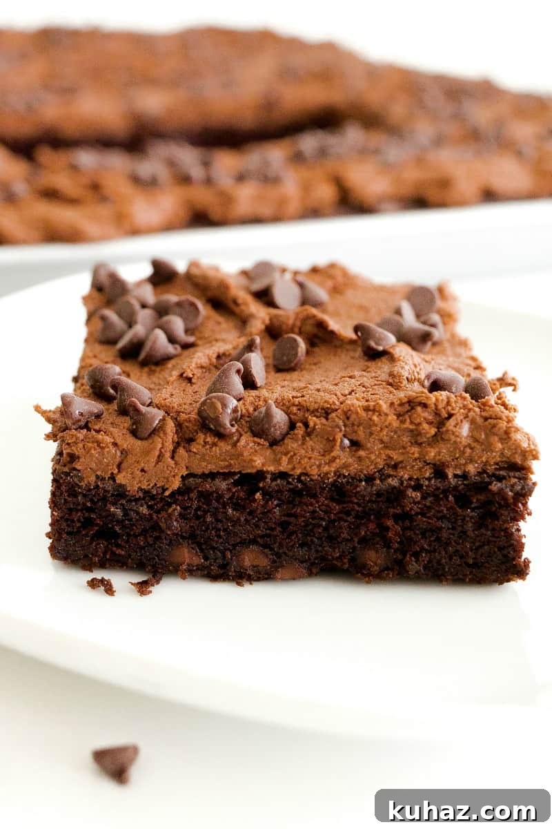 Decadent Double Chocolate Chip Sheet Cake 6 Frosting being spread on cooled cake