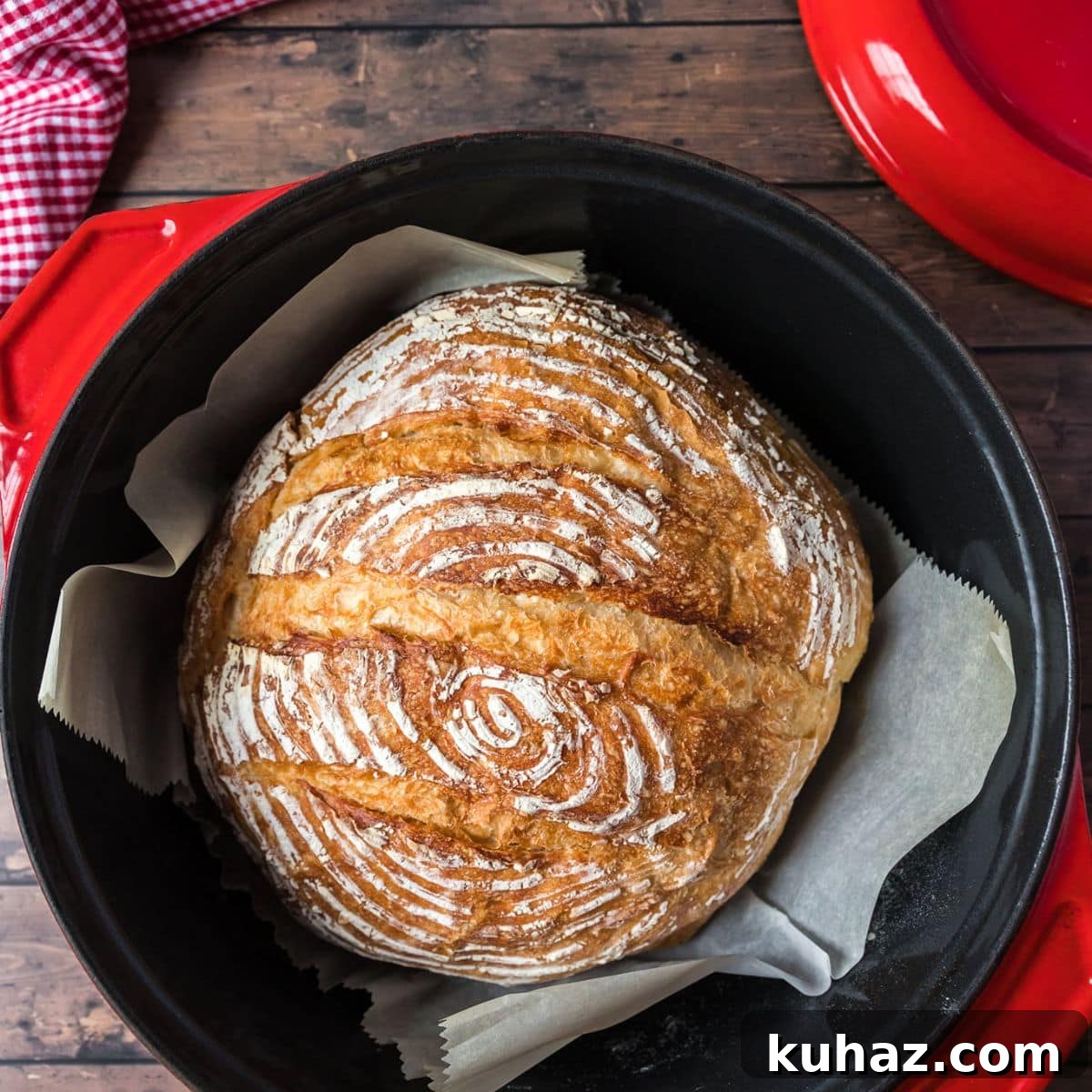 Rustic, golden-brown Sourdough bread baked in a Dutch Oven