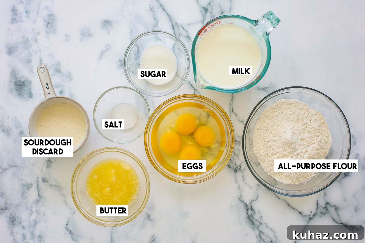 How to Make Sourdough Discard Crepes 3 Ingredients separated into bowls: sourdough discard, salt, eggs, butter, milk, sugar and flour.