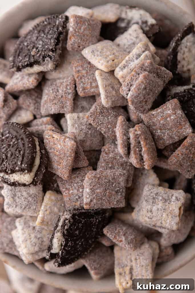No-Bake Cookies and Cream Muddy Buddies Recipe 2 close up of the cookies and cream muddy buddies recipe