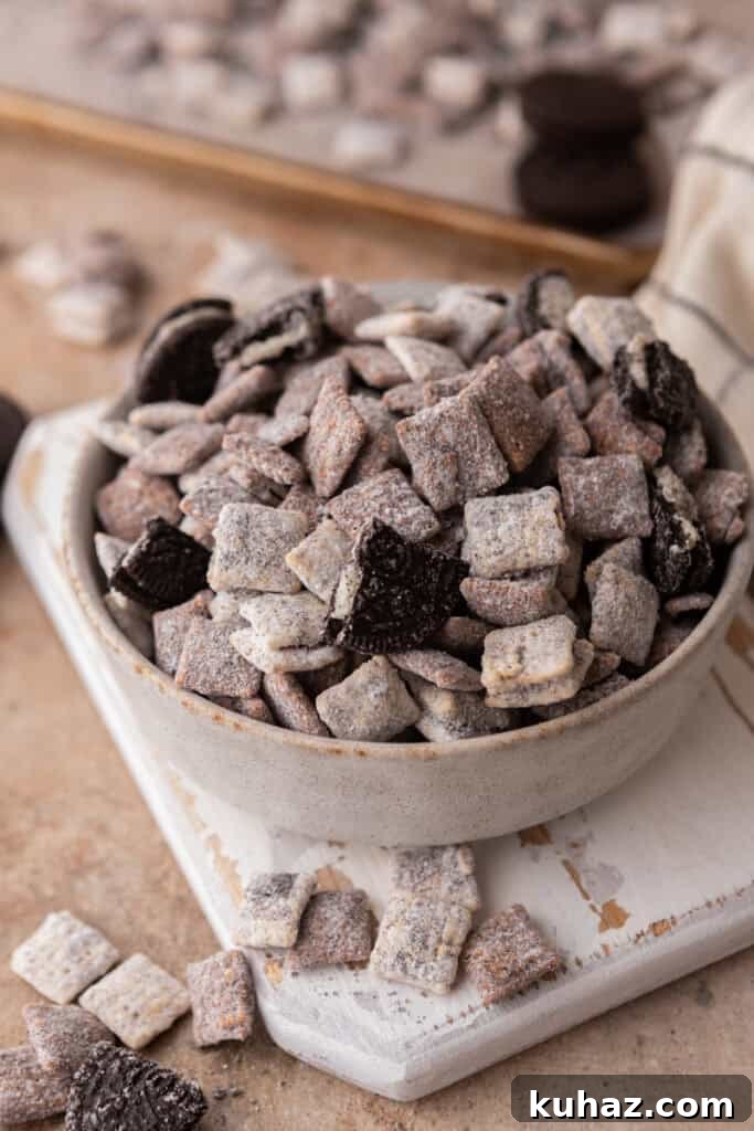 No-Bake Cookies and Cream Muddy Buddies Recipe 11 overhead shot of the cookies and cream muddy buddies recipe in a bowl