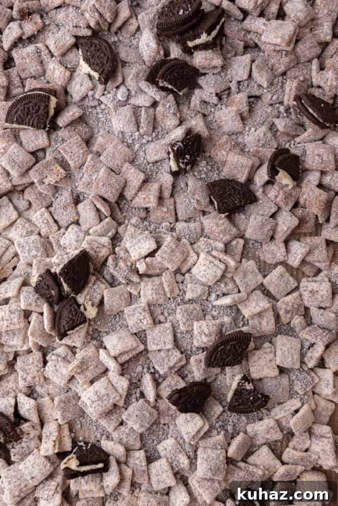No-Bake Cookies and Cream Muddy Buddies Recipe 12 close up of the cookies and cream muddy buddies recipe