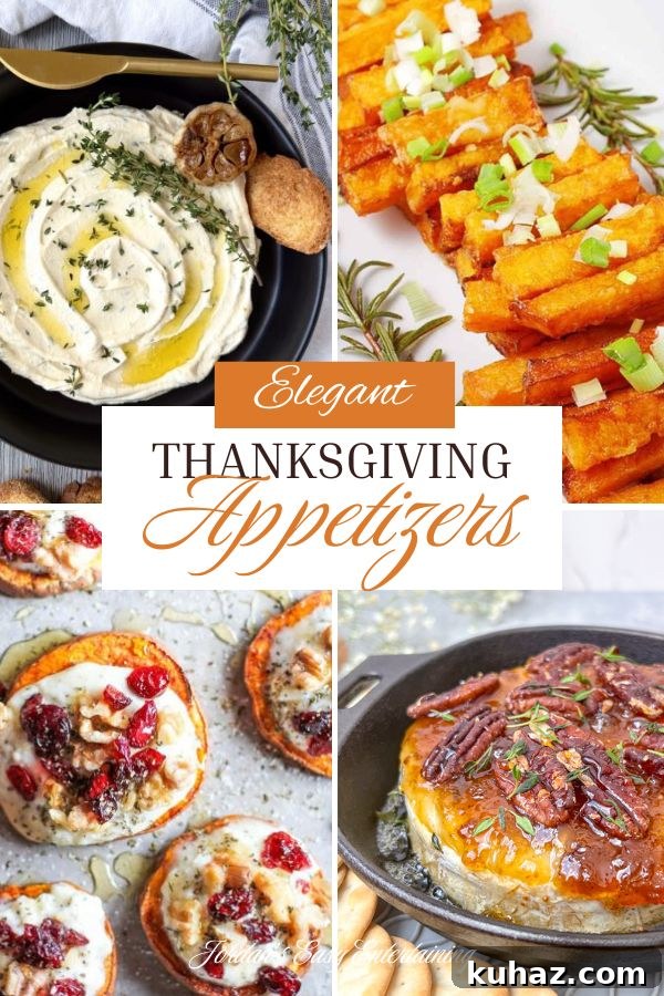 a collage of yummy Thanksgiving appetizers including whipped feta, baked brie, Greek fried pumpkin, and sweet potato rounds 
