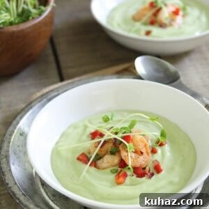Chilled avocado sweet corn soup with lime shrimp salsa
