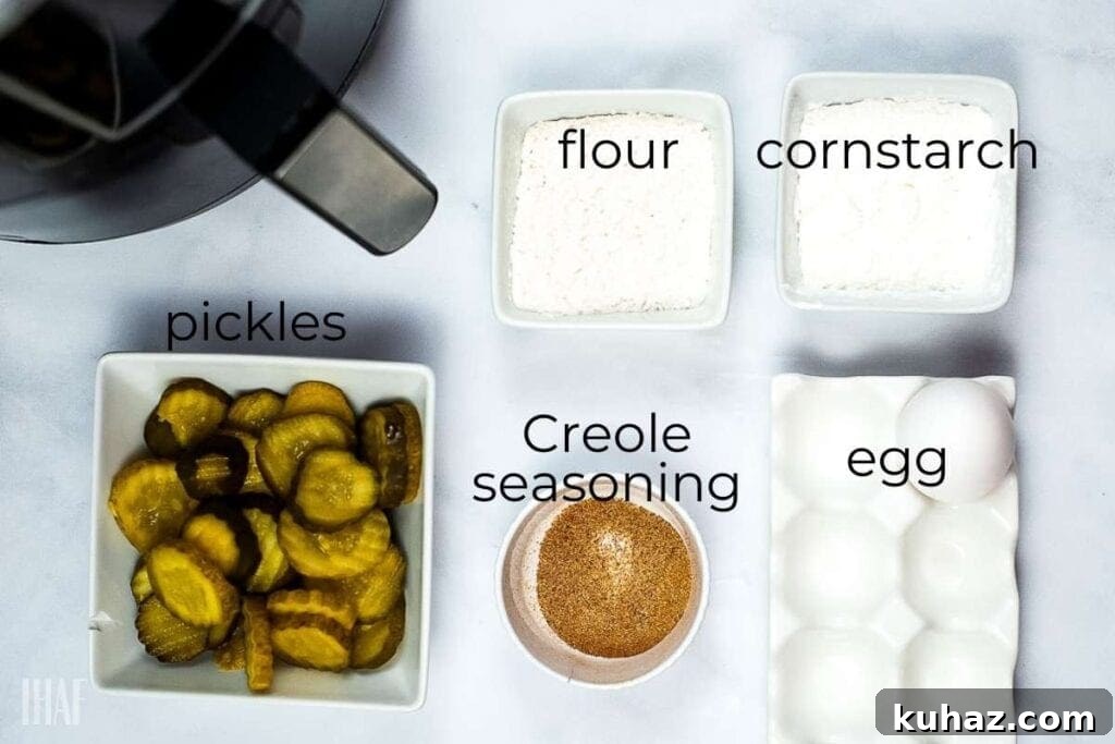 Crispy Air Fryer Pickle Chips Recipe 4 Labeled ingredients for fried pickles.
