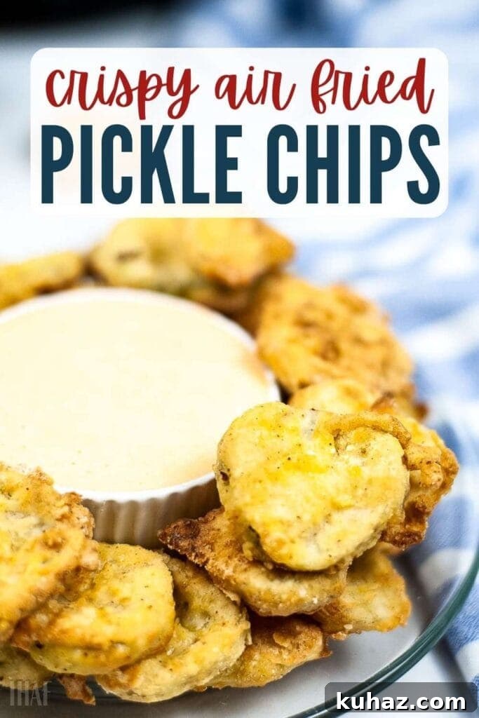 Crispy Air Fryer Pickle Chips Recipe 7 Air fried pickles on a glass plate with small bowl of sauce and text overlay.