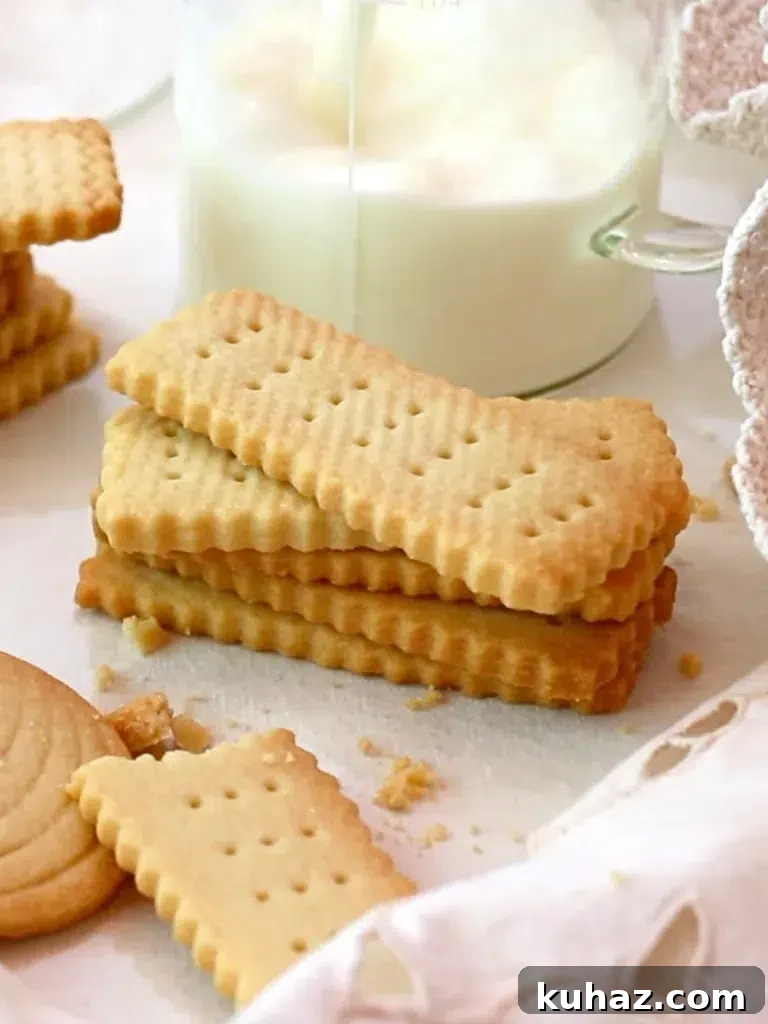 Buttery Classic Shortbread Cookies Recipe 2 rectangle shortbread cookies piled up and served with milk