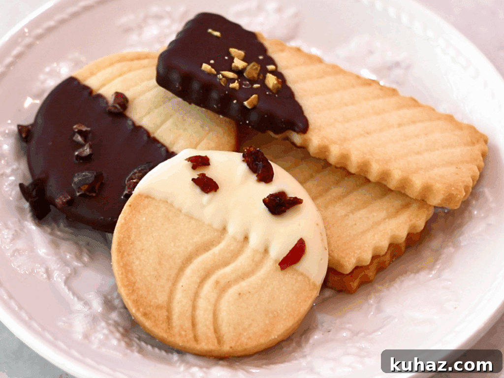 Buttery Classic Shortbread Cookies Recipe 21 shortbread cookies coated with chocolate on a plate