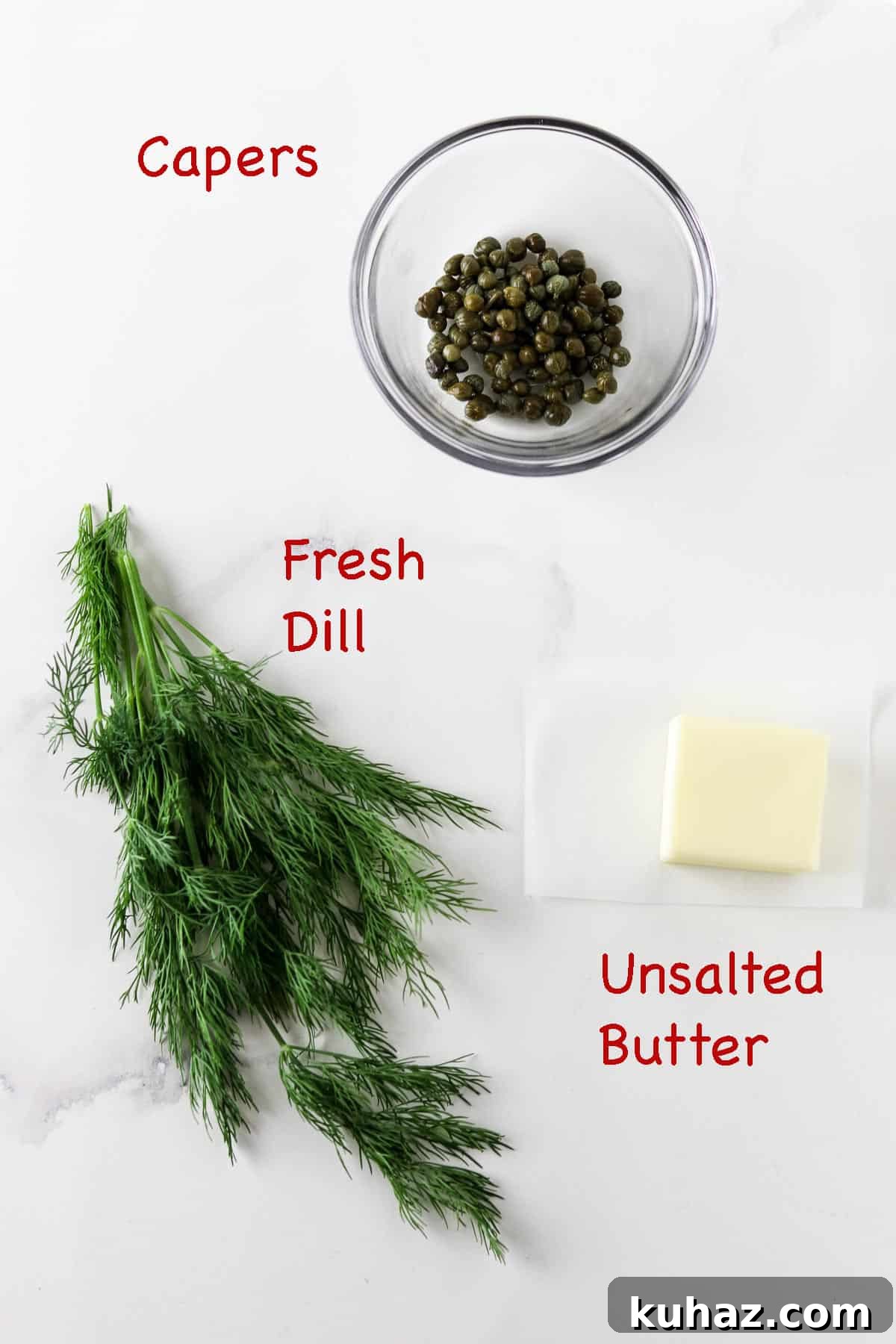 Three-Ingredient Dill and Caper Butter Recipe 3 Labeled ingredients for Dill Caper Butter.