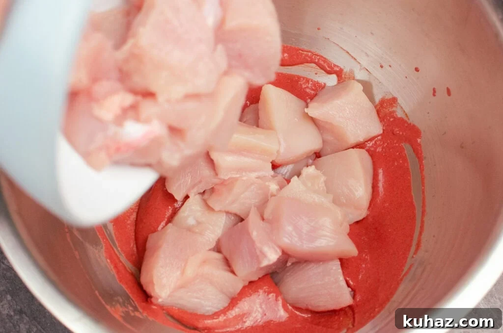 How to Make Authentic Tandoori Chicken Tikka Kebabs 6 Placing cutup cubes of chicken into a silver bowl into the tandoori yoghurt mixture