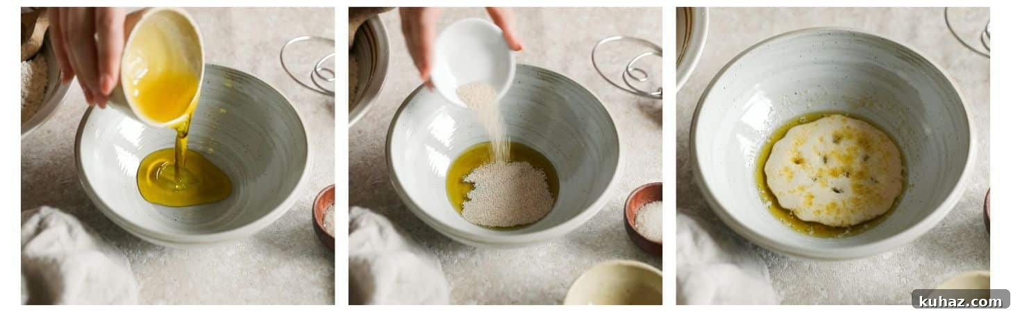 Sicilian-Style Pizza: High-Altitude Baking Tips 4 Three steps to activating yeast; in the first, a hand pouring olive oil in a grey bowl on a beige counter next to a wood bowl of salt. In the second, the hand is pouring active dry yeast into the bowl. In the third, the bowl has puffy activated yeast in it.