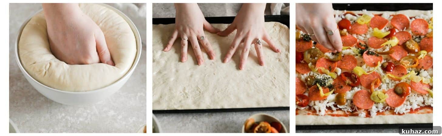 Sicilian-Style Pizza: High-Altitude Baking Tips 6 Three steps to assembling homemade pizza: spreading dough, adding sauce, and topping with cheese and pepperoni.