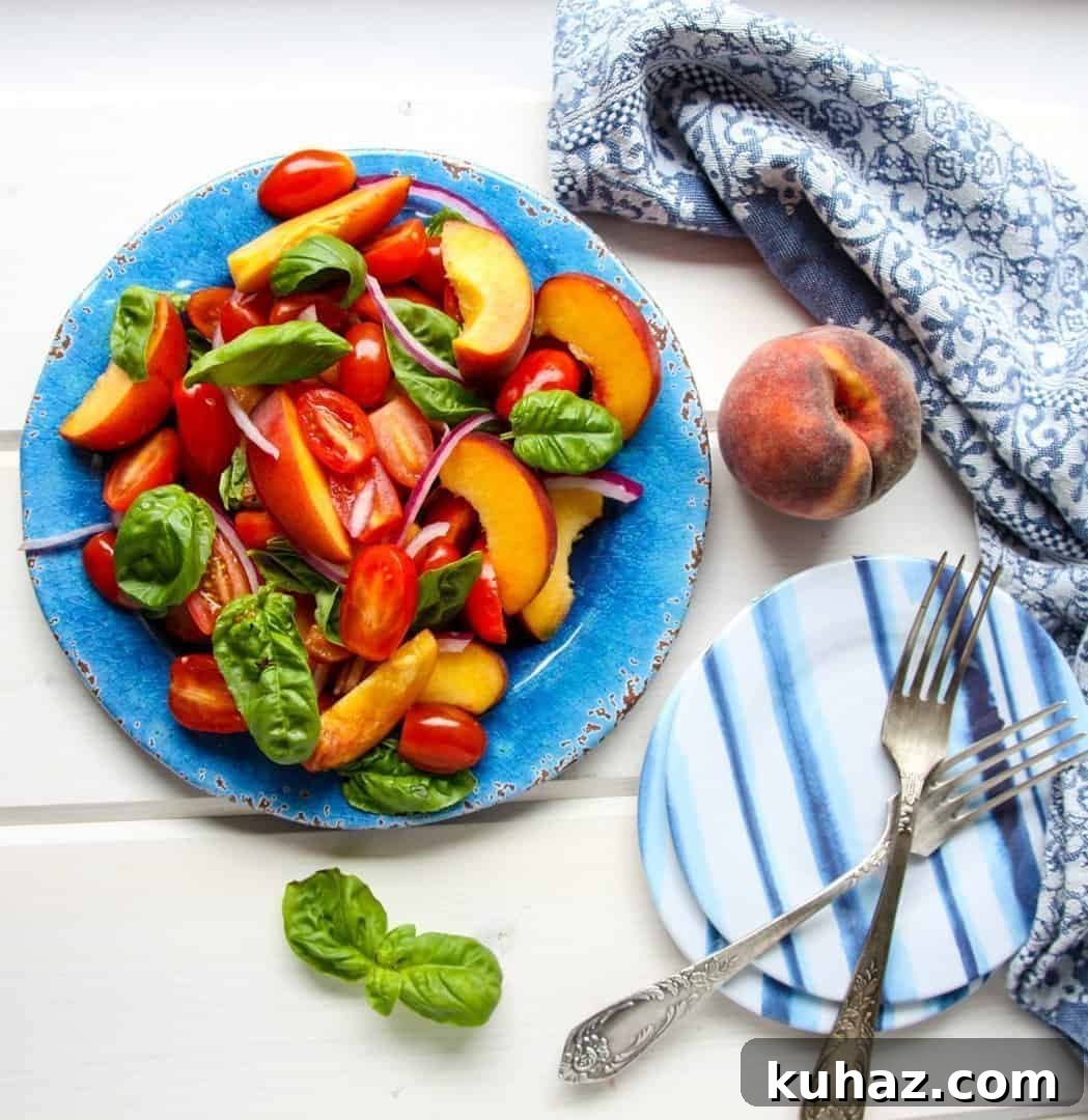Summer Heirloom Tomato and Peach Salad with Basil Vinaigrette 3 Tomato Peach Salad