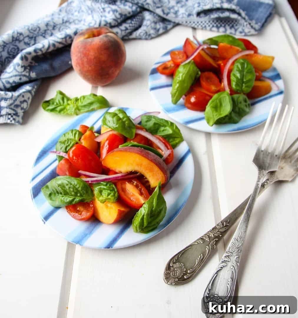 Summer Heirloom Tomato and Peach Salad with Basil Vinaigrette 5 Peach & Tomato Salad with Basil